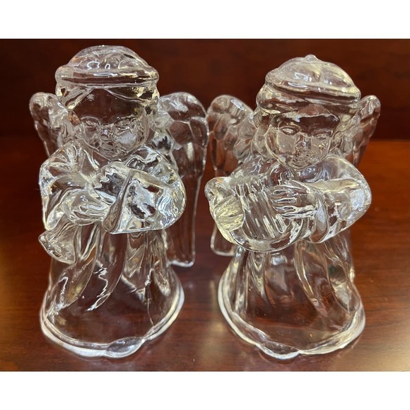 Madison Avenue Set Of 2- Glass Angels  5" with Instruments Candle Holders Heavy - Picture 7 of 7